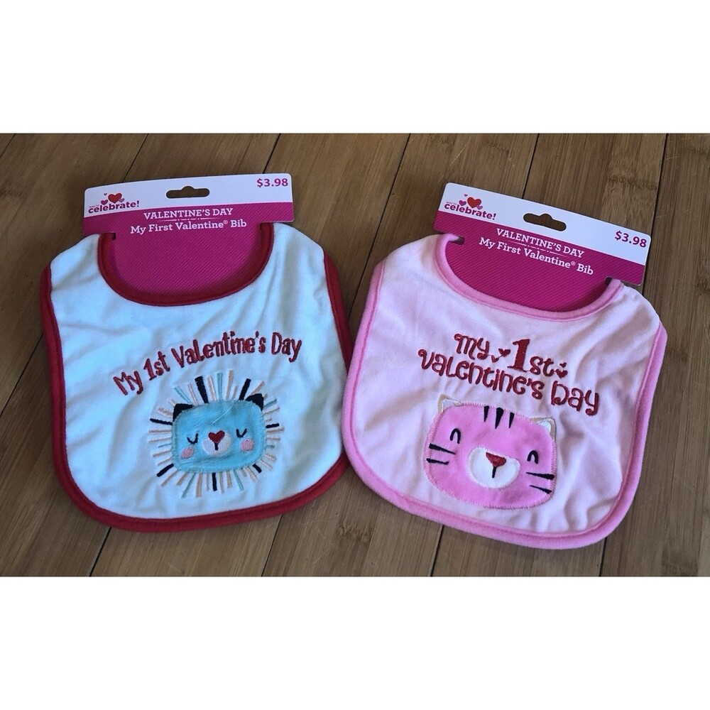 NWT Way To Celebrate My 1st Valentine’s Day Baby Bib Set 2 Lot Boy Girl Lion Cat